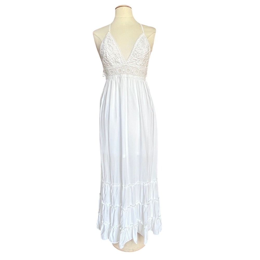 Womens White Babydoll Lace Halter Maxi Dress Size S Boho Festival Bridal Tiered